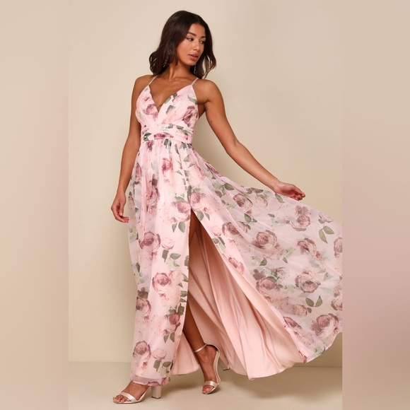 NWOT Lulus Romance That Wows Blush Floral Print Organza Maxi Dress - Picture 3 of 6